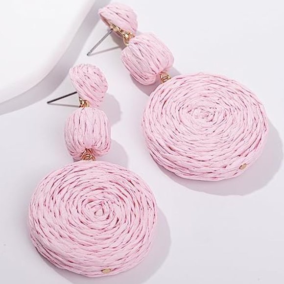Chunky Petal Pink Raffia Earrings Wicker Bold Retro Statement Dangle 80s 90s New - Picture 3 of 7